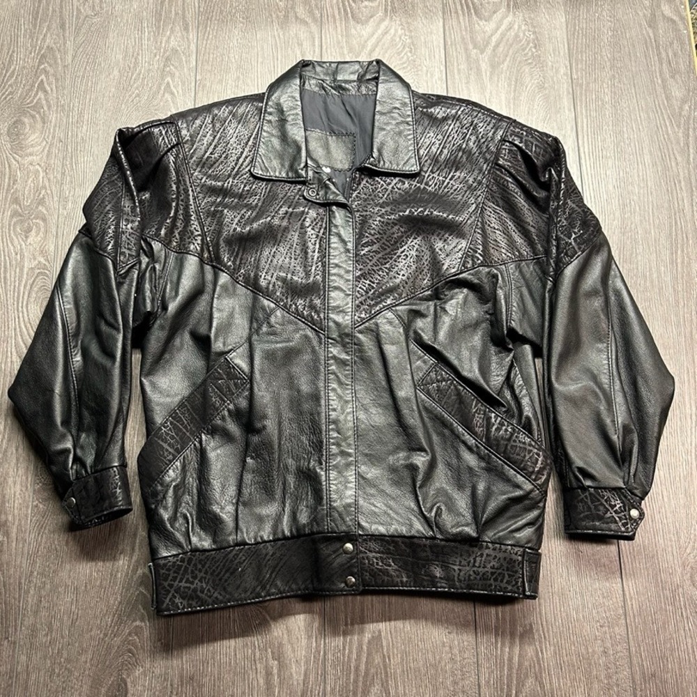 Vintage Mens Black Leather Bomber Jacket Large Elephant Print Yoke Retro 80s